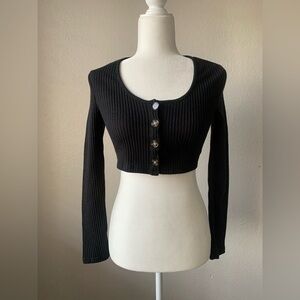 Lily Rose Black Ribbed Button-Up Crop Top Size Small